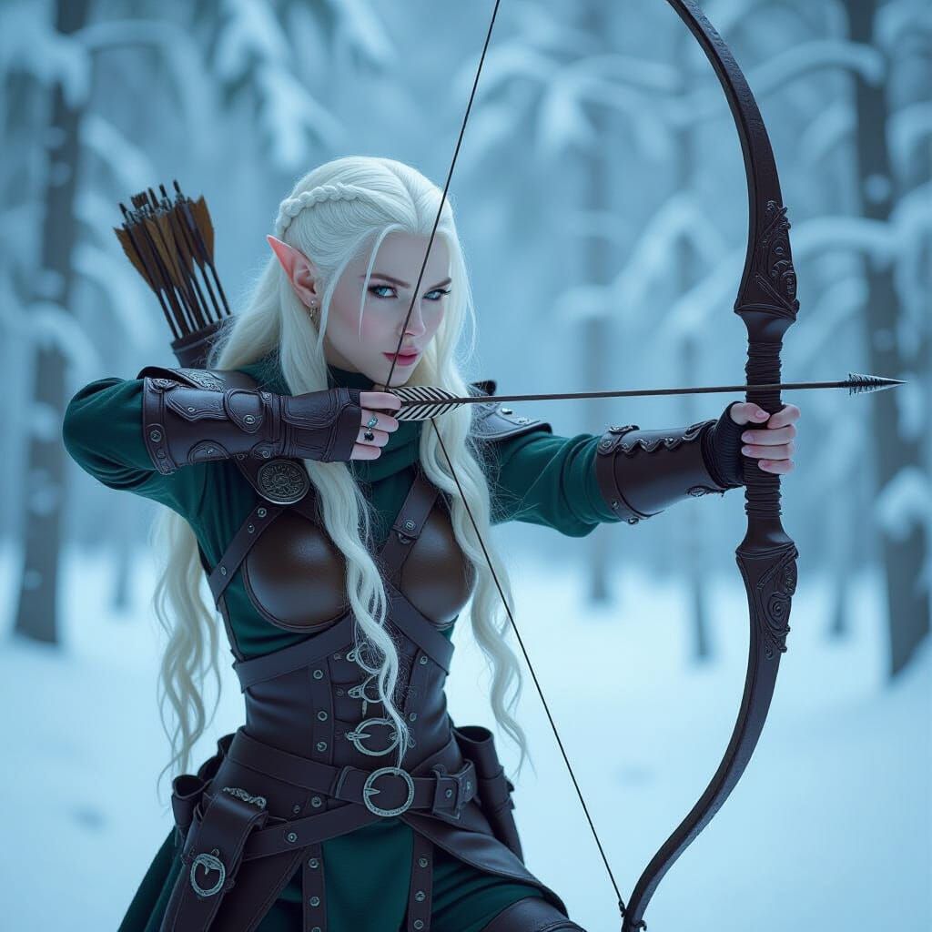 Albino Elf Huntress in Snowy Forest, Digital Art