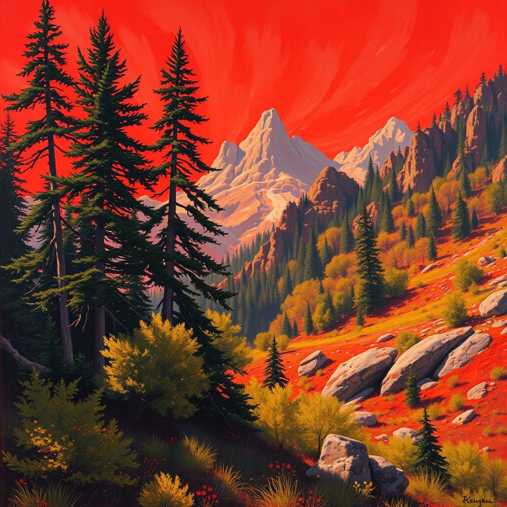 Serenely Beautiful Red Landscape with Majestic Trees