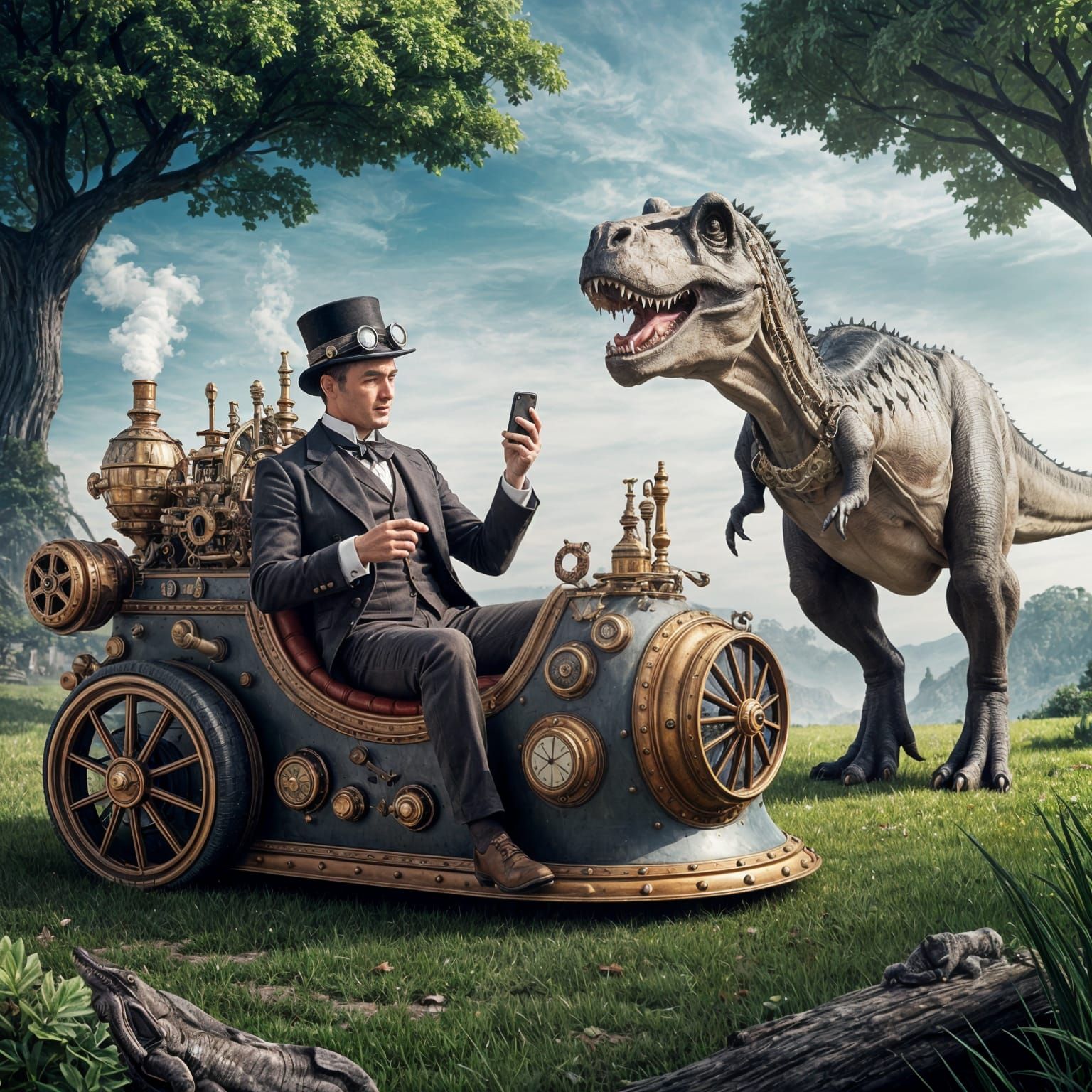 Steampunk Time Traveller Meets Prehistoric Wonder