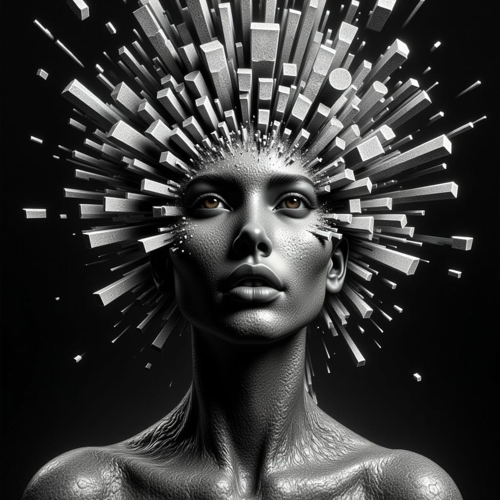 Exploding Stone Face in Sci-Fi Illustration Style