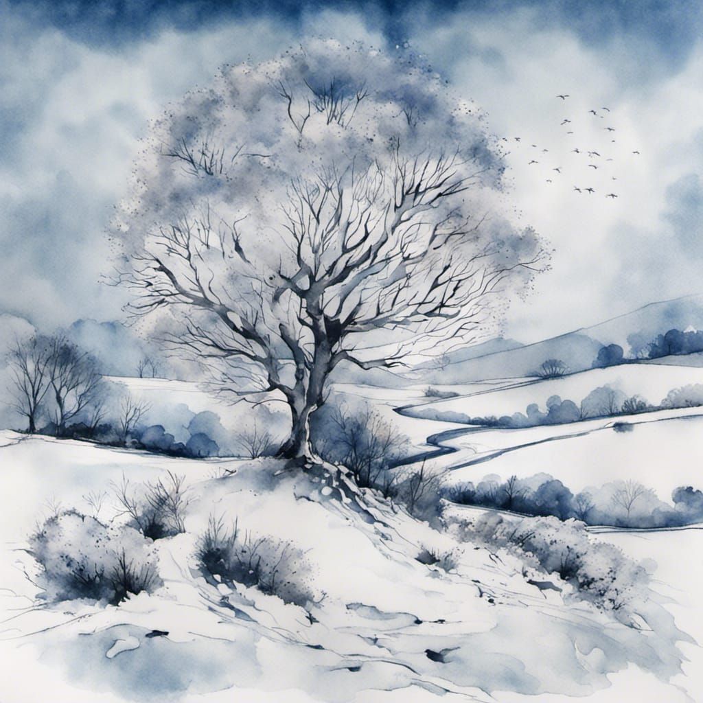 Snowy Cotswold Landscape in Blue Watercolor