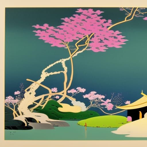 Sakura Ikebana in Gouache Painting Style