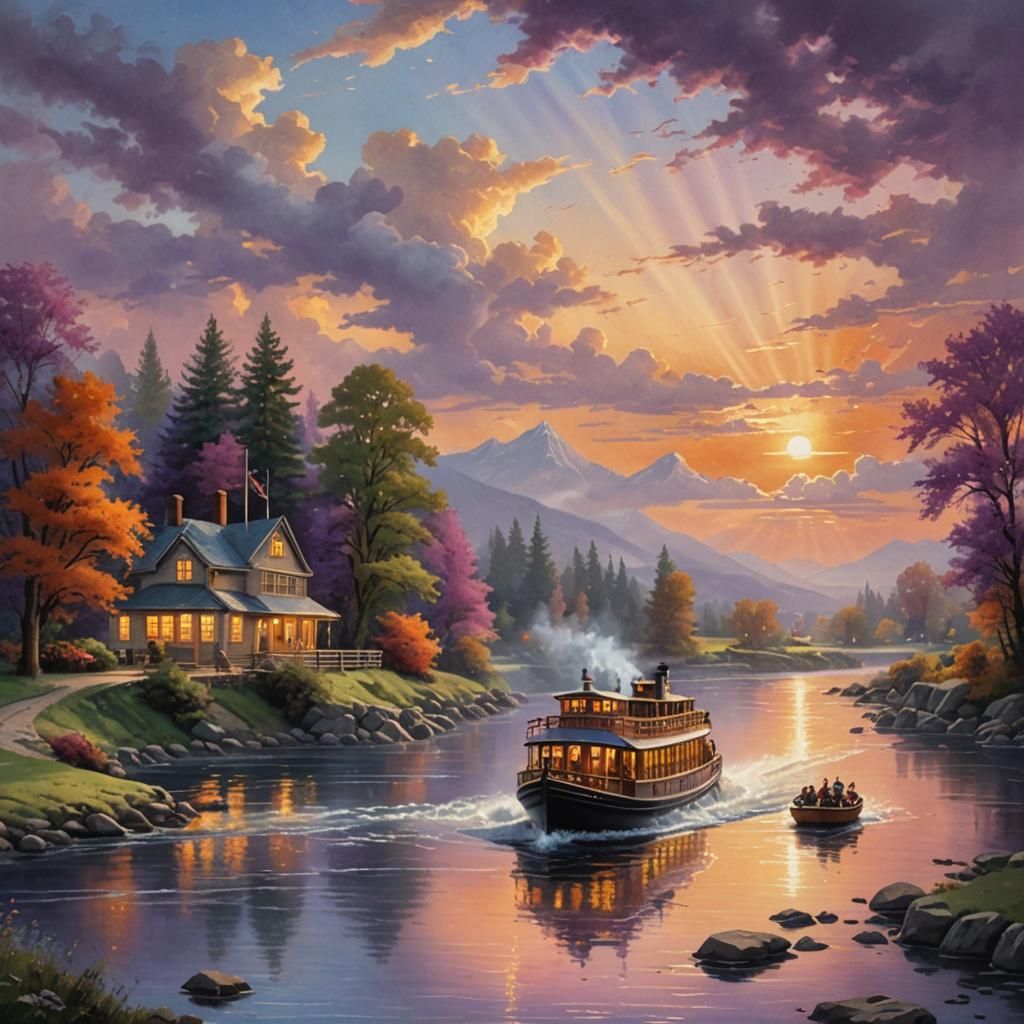 Ferry Crossing River: Thomas Kinkade Watercolor