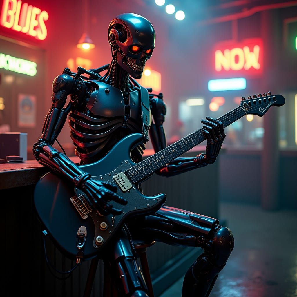 Cyborg Assassin Plays Futuristic Guitar in Smoky Blues Bar