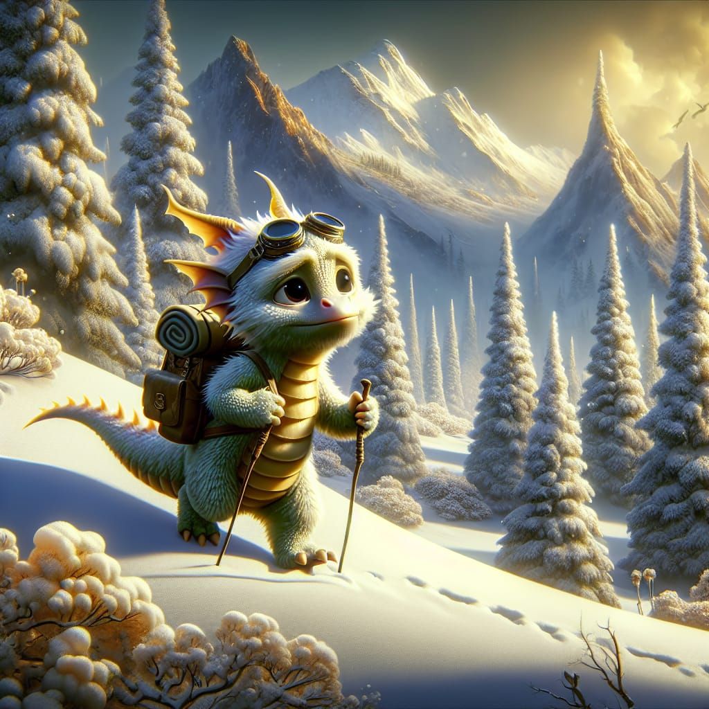 Dragon Backpacker on Snowy Mountain, Fantasy Art