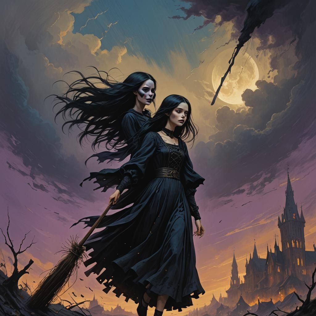 Young Gothic Witch Rides Broom, Fantasy Art