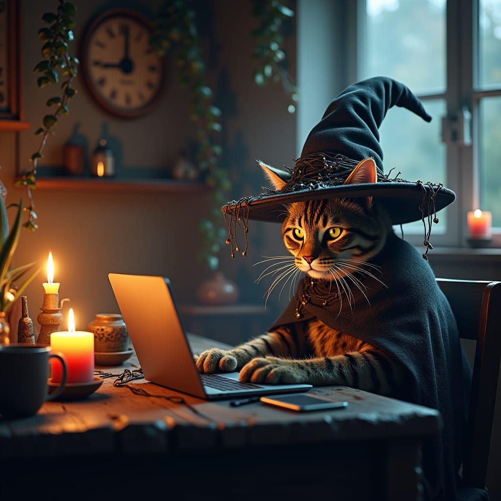 Hyperrealistic Cat Working Remotely in Witch Hat