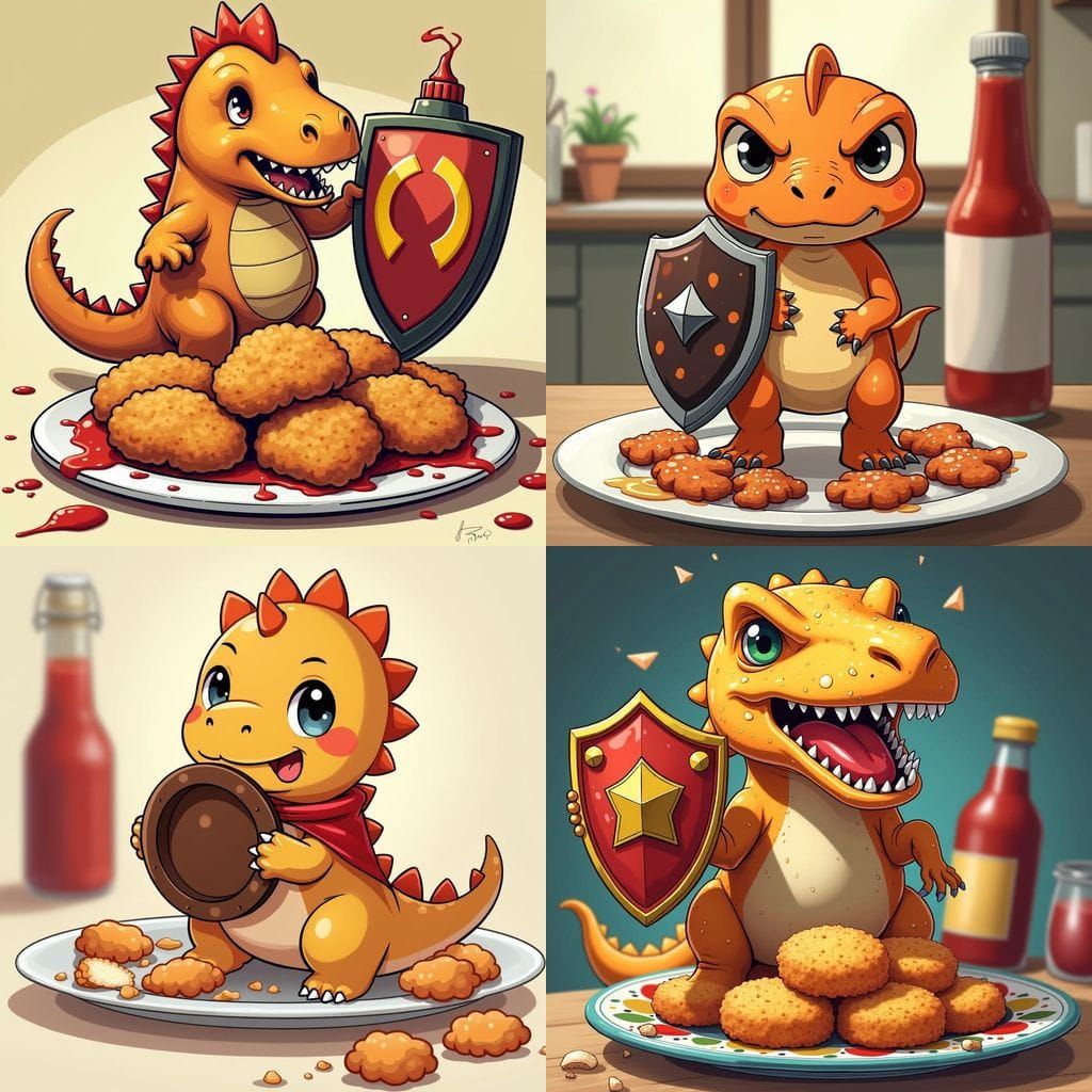 Dinosaur Nugget Warrior with Serious Expression in Cartoon S...