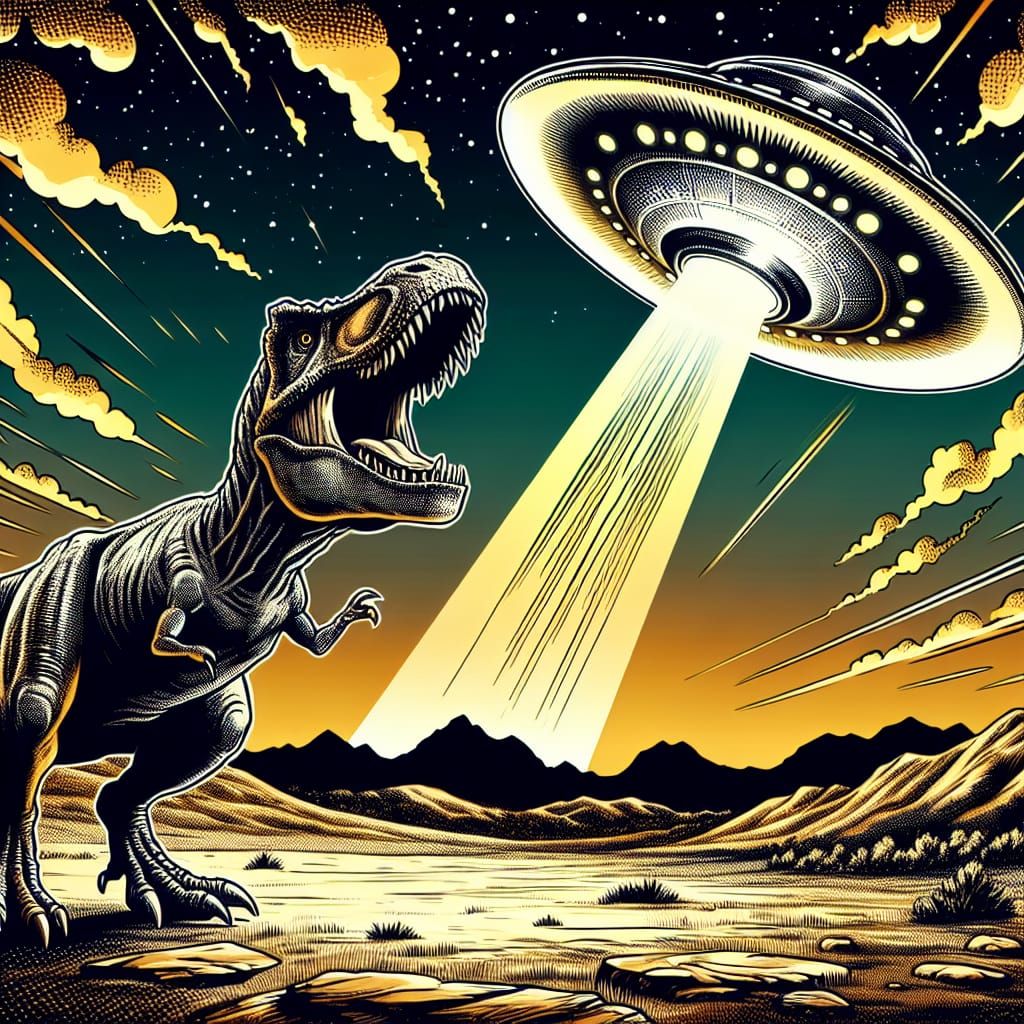 T-Rex Confronts UFO in Vintage Comic Art