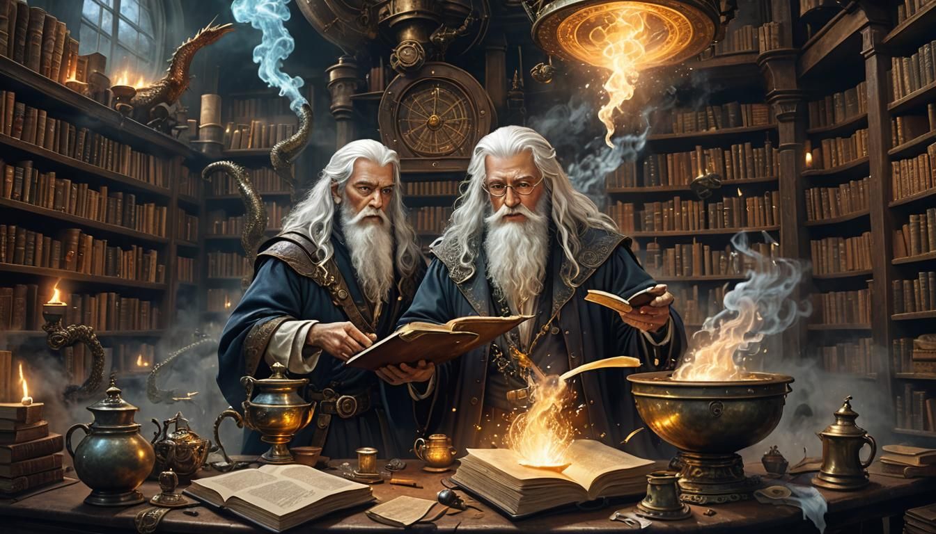 Wizard, Dragon, and Bubbling Cauldron: Fantasy Art