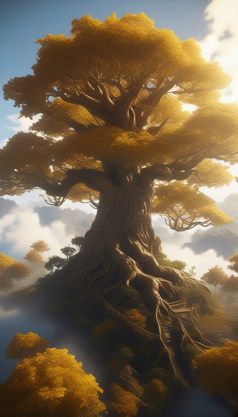 Giant Golden Tree on Island, 3D Rendered