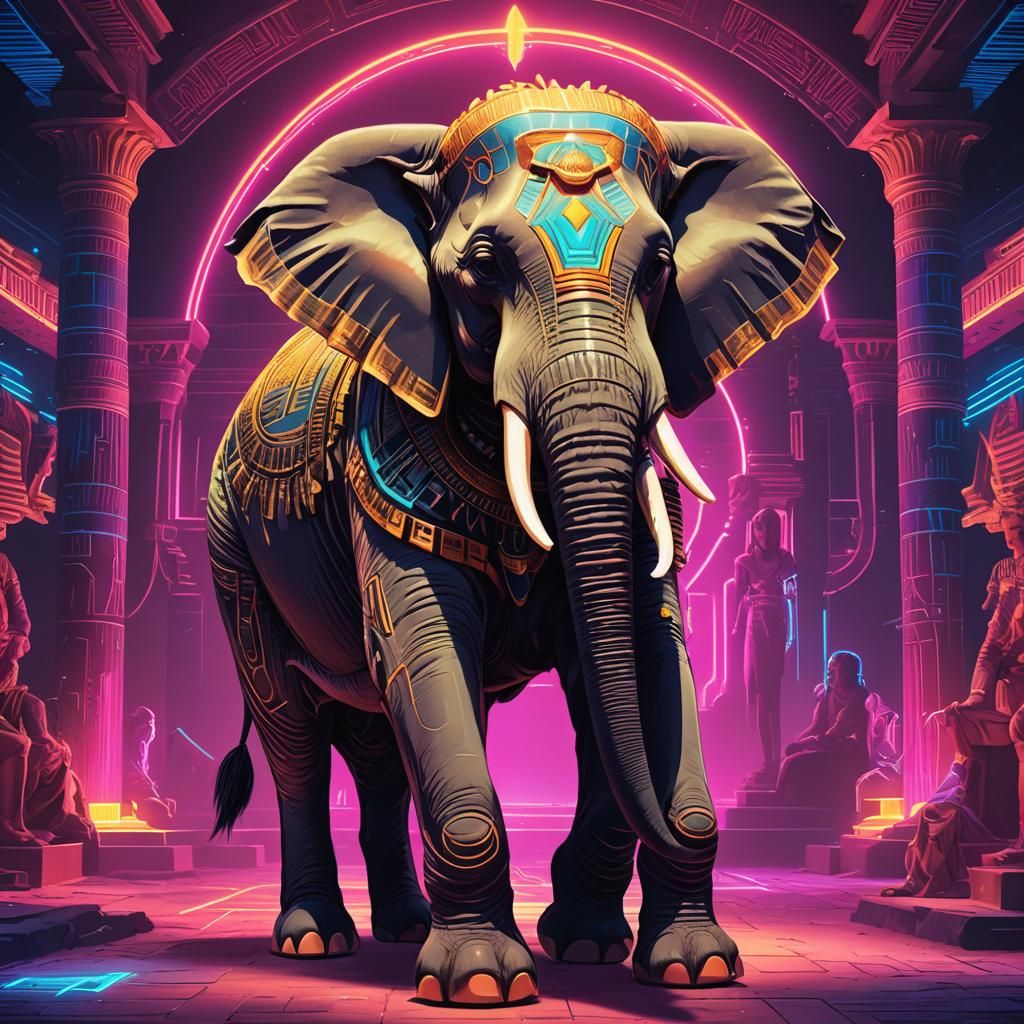 Egyptian Elephant in Synthwave Neon Retro Style