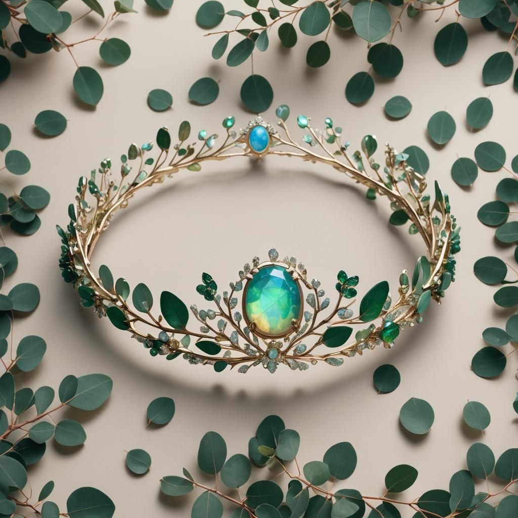 Emerald and Opal Eucalyptus Tiara: Cinematic Still