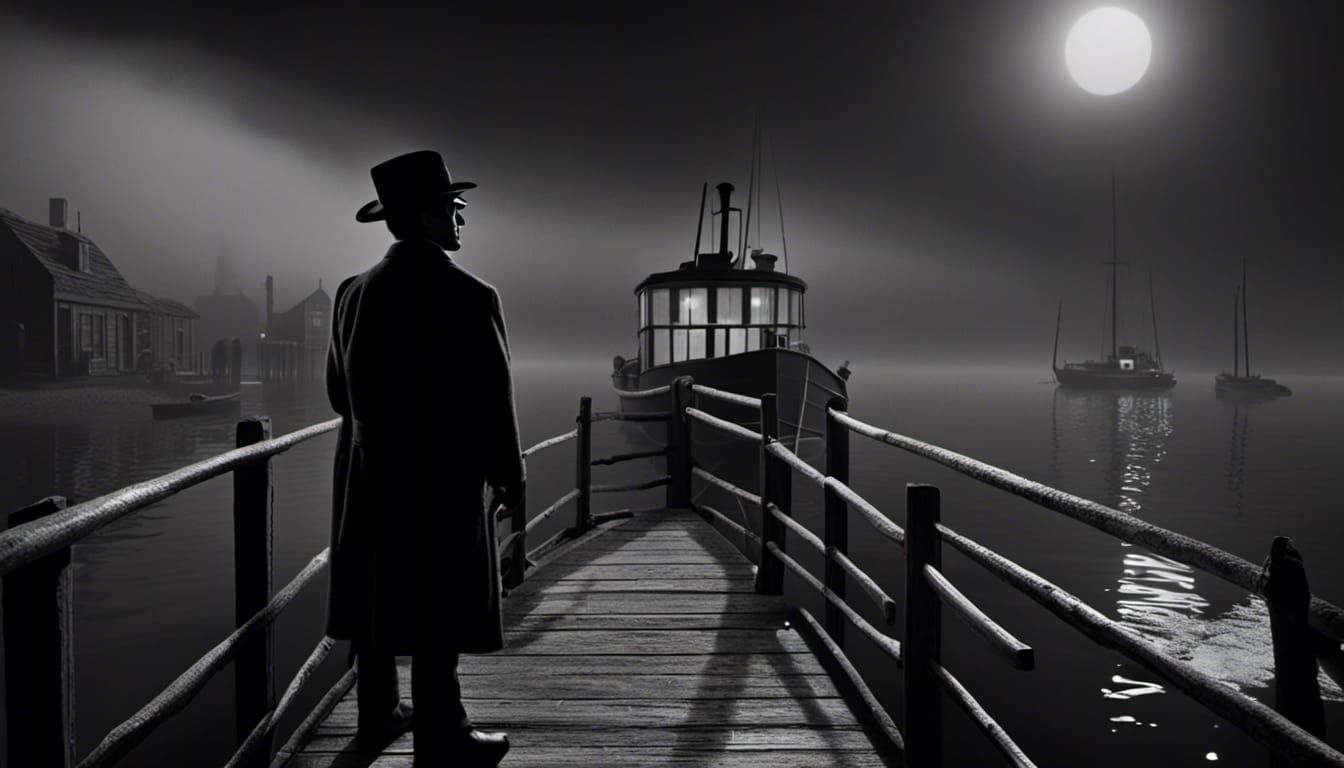 Moody Film Noir Investigator in Dark Coastal Town