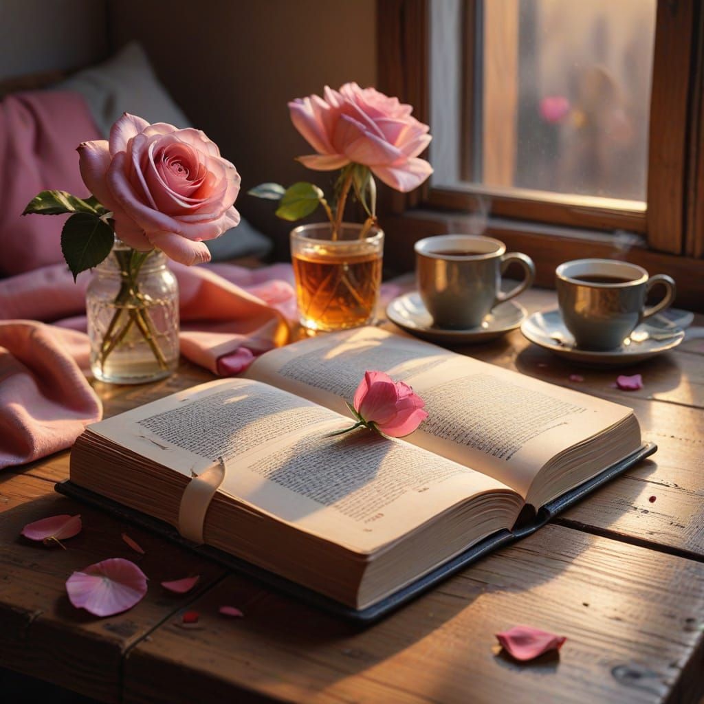 Vibrant Oil Painting of an Open Book on a Cozy Table