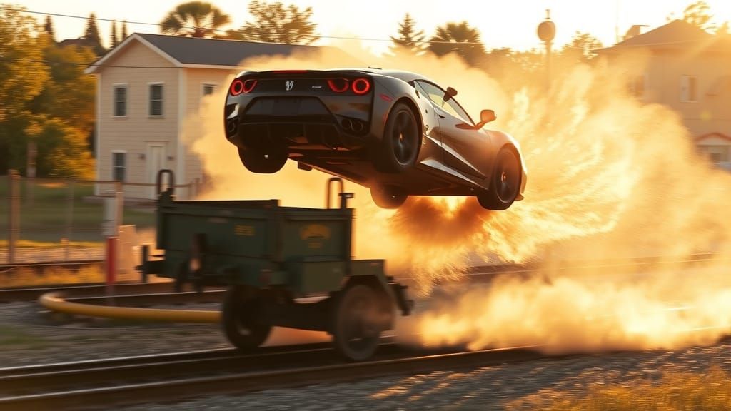 High-Octane Sports Car Leaps Over Train Wagon in a Cloud of ...