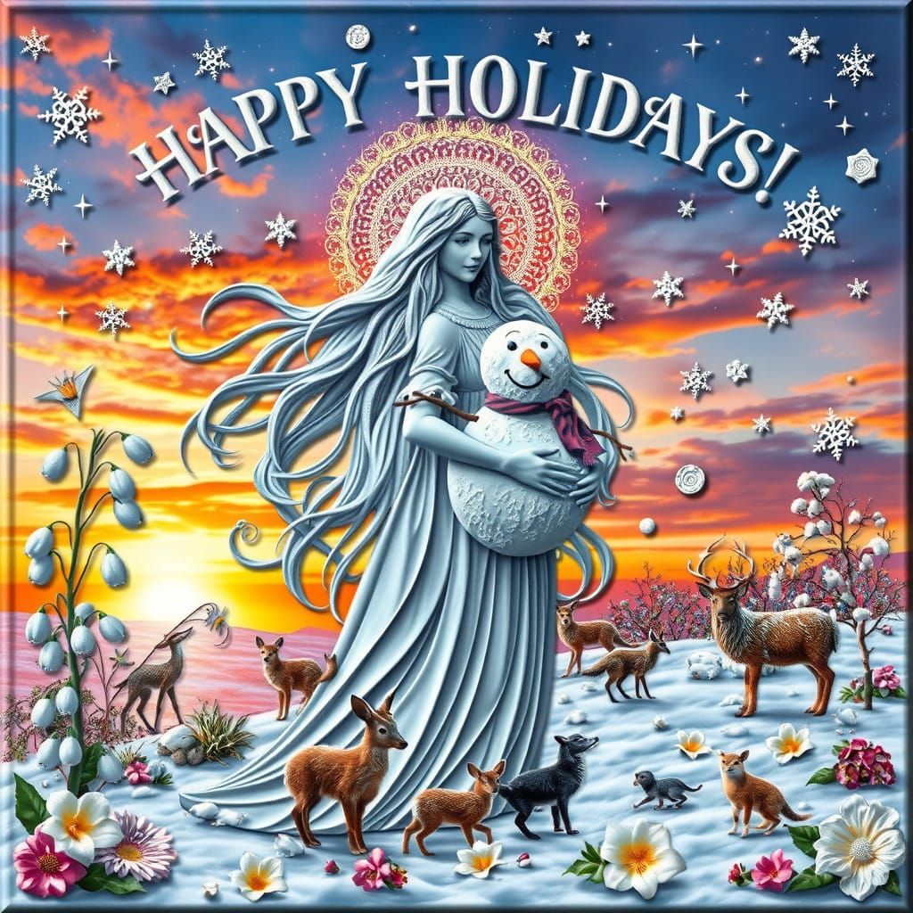 Serene Winter Goddess in Sunset Landscape with Snowflakes an...