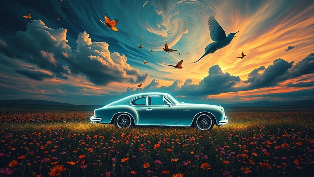 Ethereal Car of Light in Dreamlike Landscape