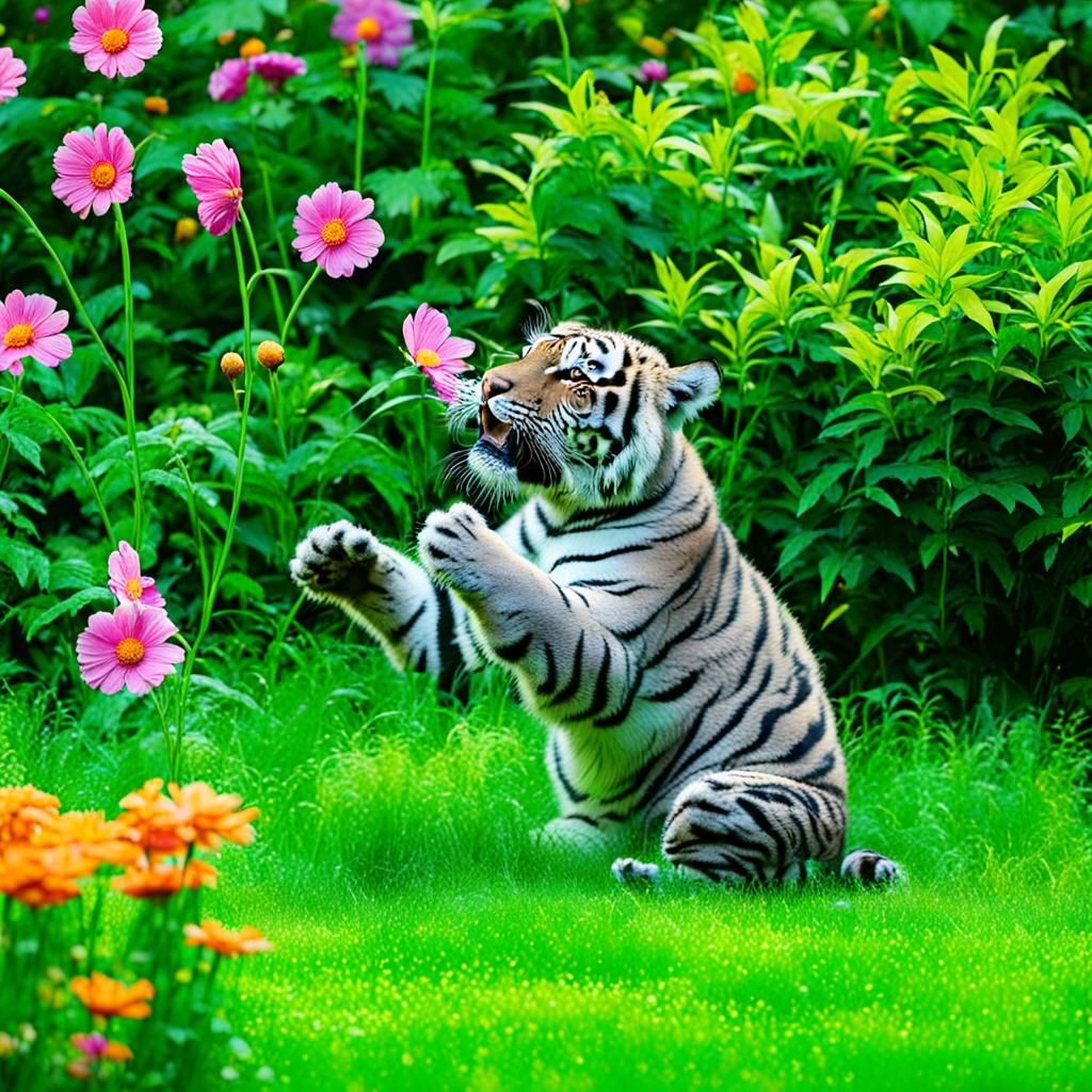 Tiger's Floral Frolic: A Playful Garden Scene