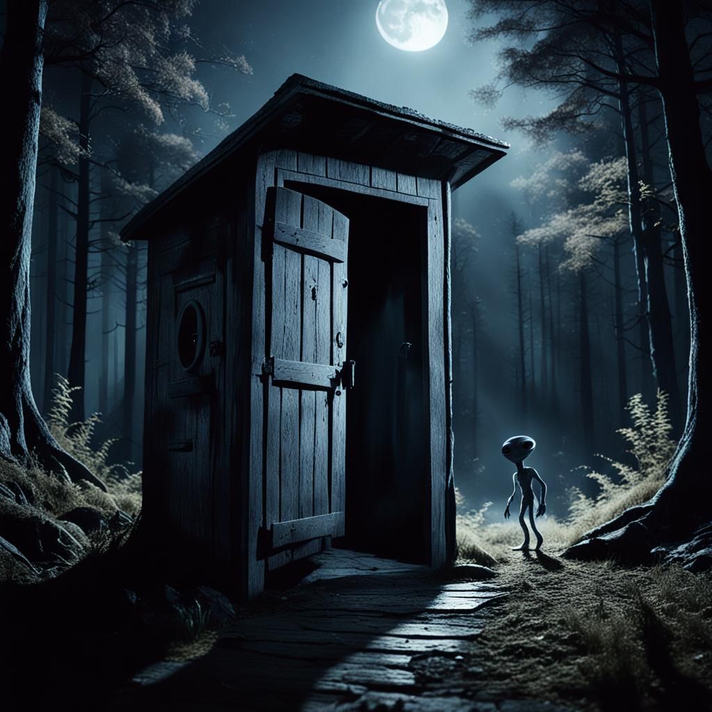 Alien Emerges from Outhouse on Moonlit Night