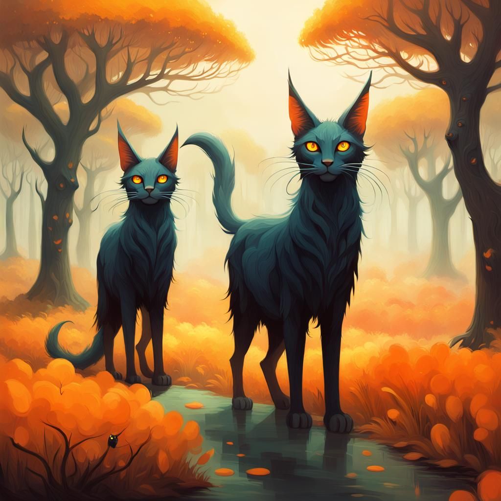 Fantastical Catlike Creatures in a Misty Field