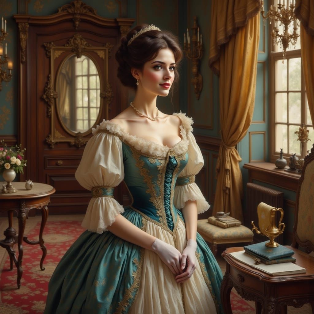 Victorian Noblewoman in Opulent Parlor, Painterly Style