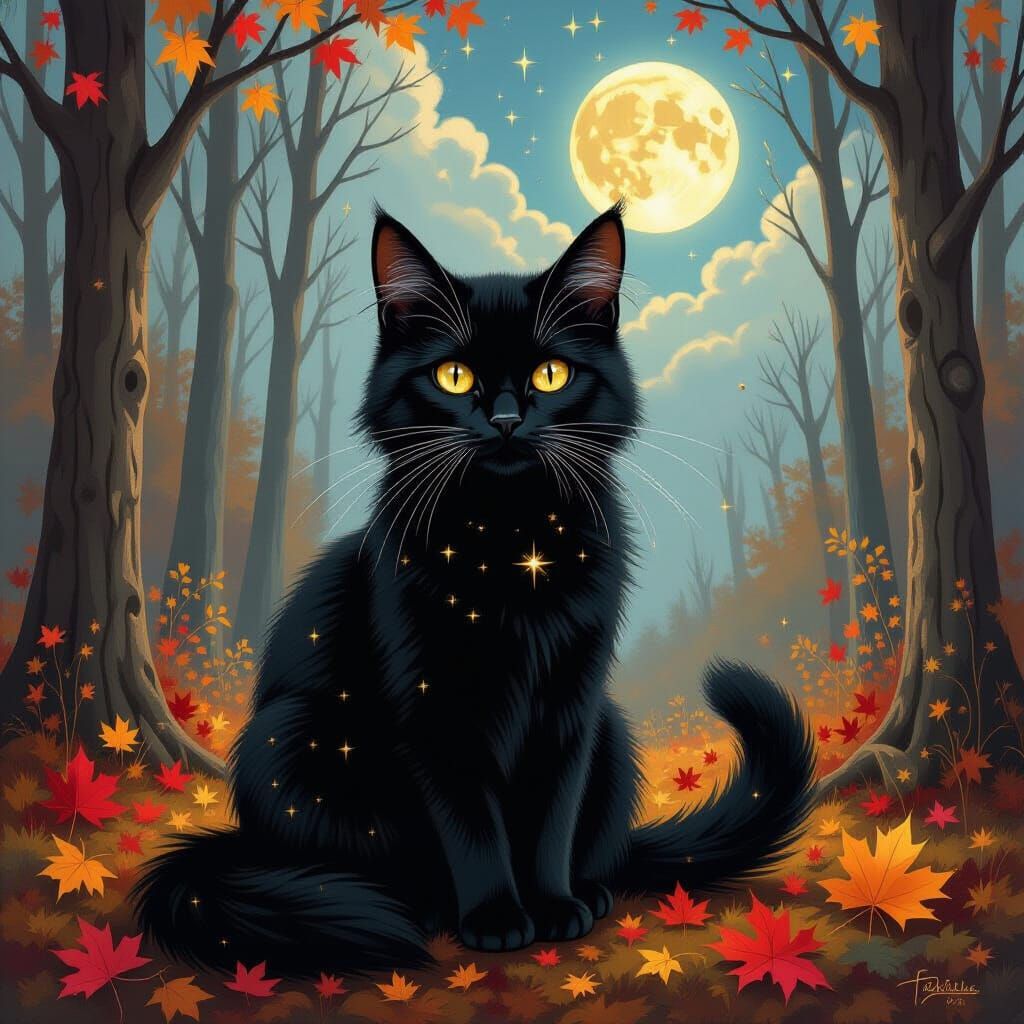 Black Cat in Autumn Forest Under Moonlight