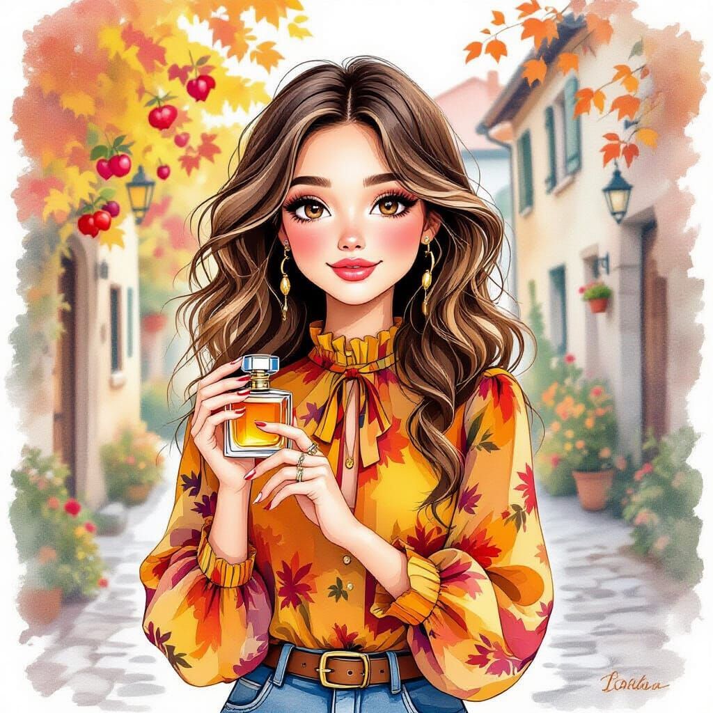 Bohemian Girl with Autumnal Style, Hand-Drawn