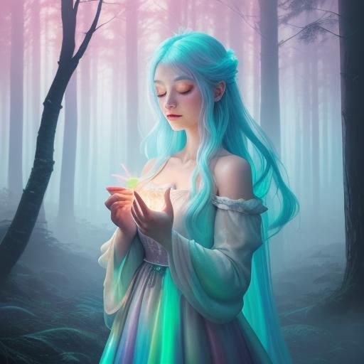 Magical Girl Transformation in Pastel Forest, Digital Art