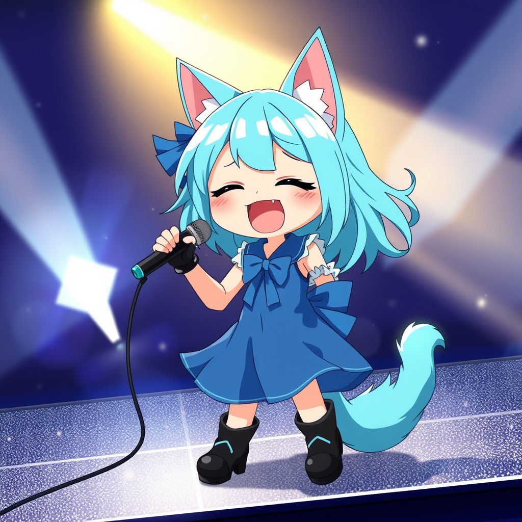 Anime Catgirl Singing on Concert Stage at Night