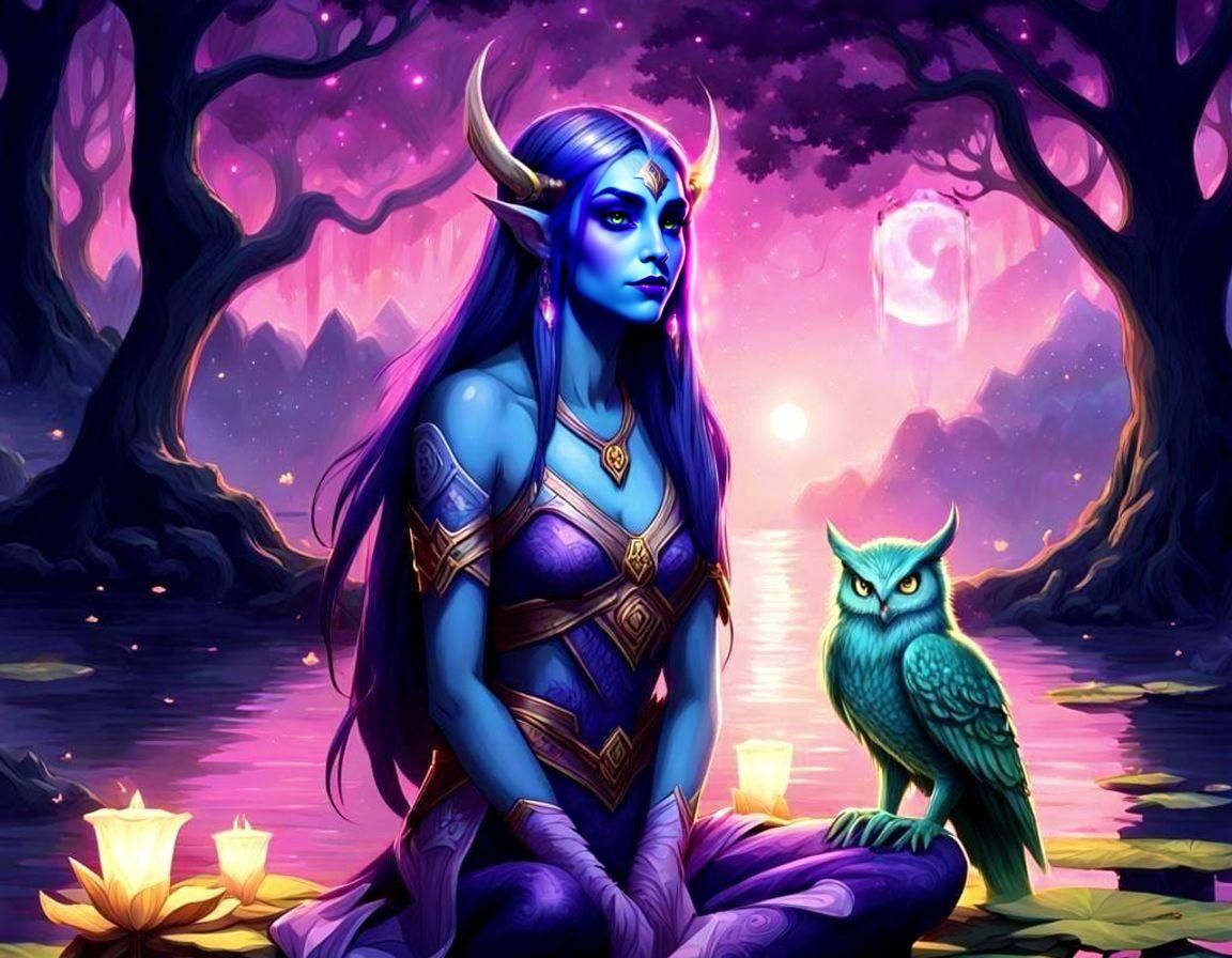 Night Elf Woman with Spectral Owl in Lake