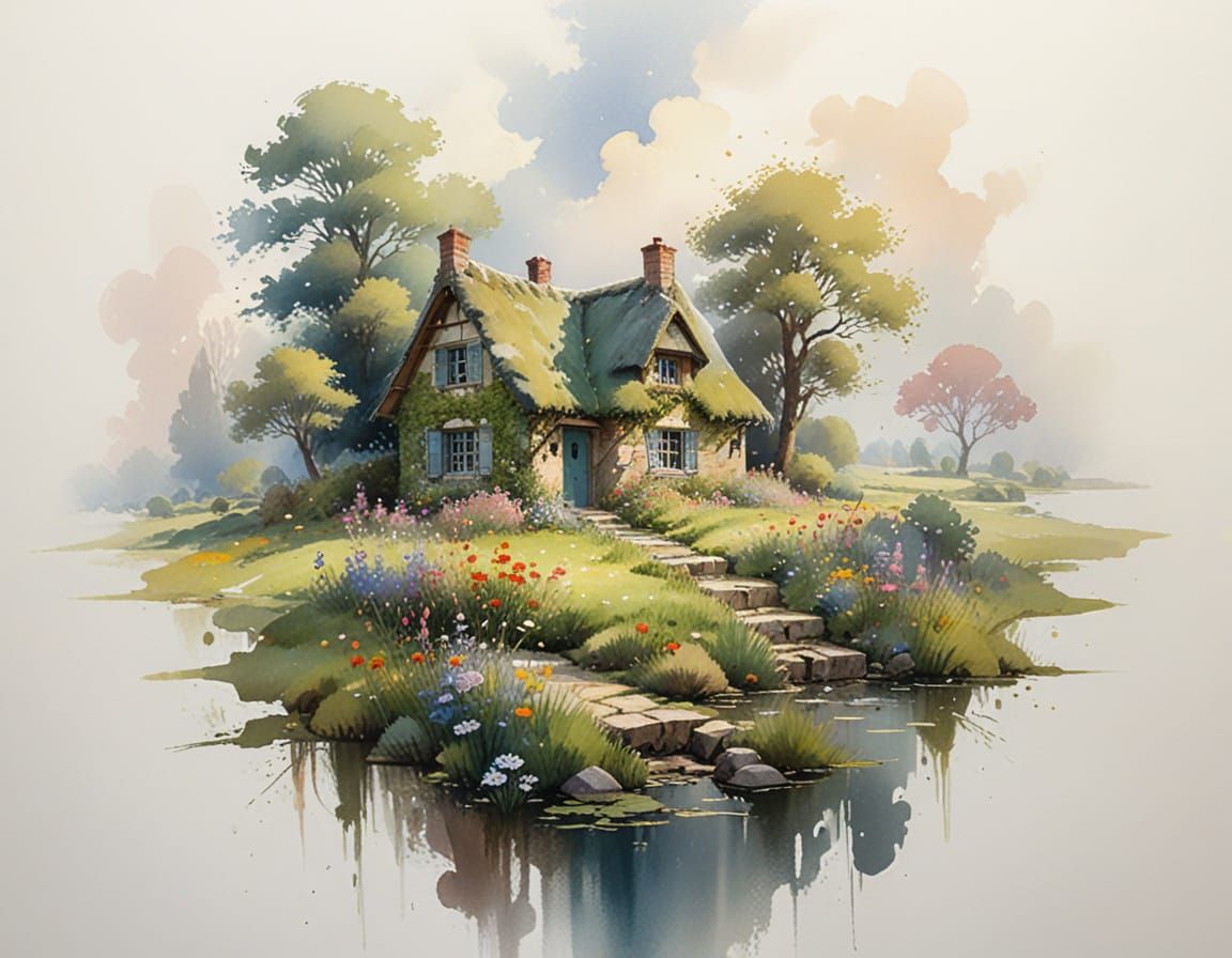 Quaint Cottage in Meadow: Impressionistic Watercolor Paintin...