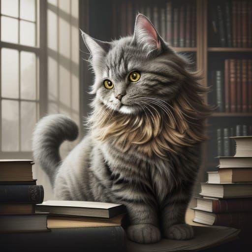 Cozy Library Scene in Warm Golden Light with Majestic Angora...