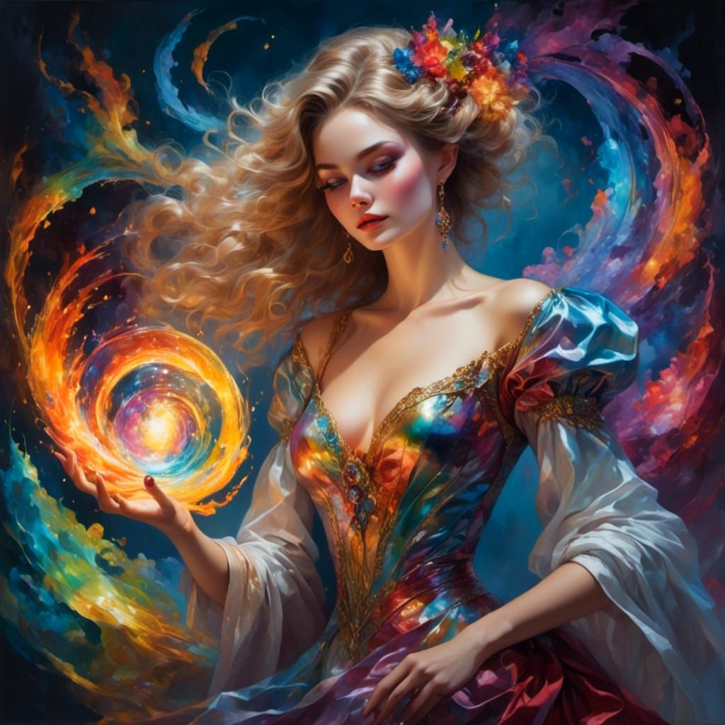 Smiling Sorceress in Rainbow Flames: Ethereal Fantasy Art