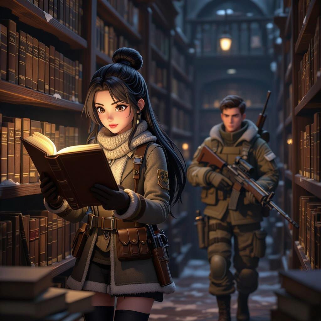 Librarian and Soldier in Secret Dusty Library