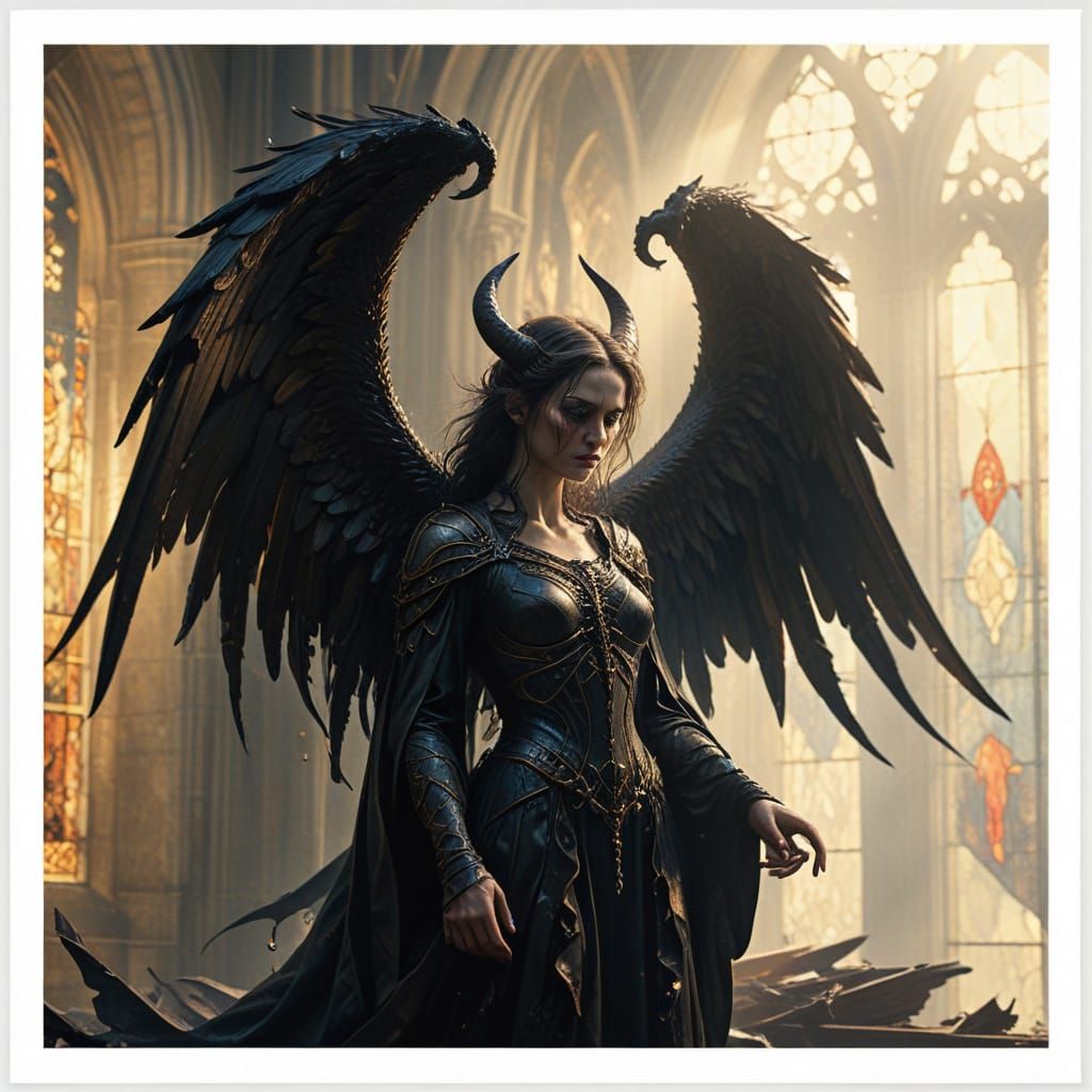 Fallen Angel in Gothic Church Oil Painting