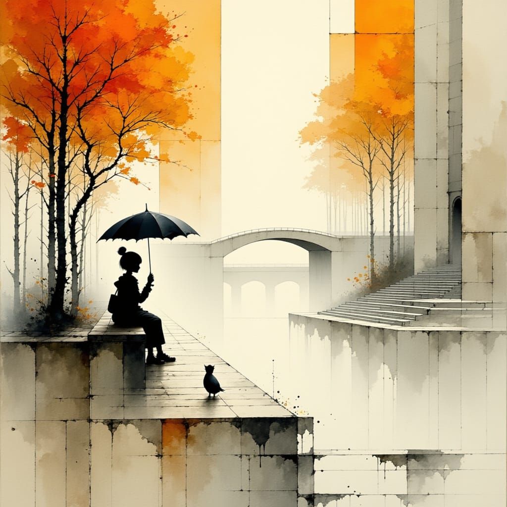 Child with Umbrella on Autumn Bench by Canal