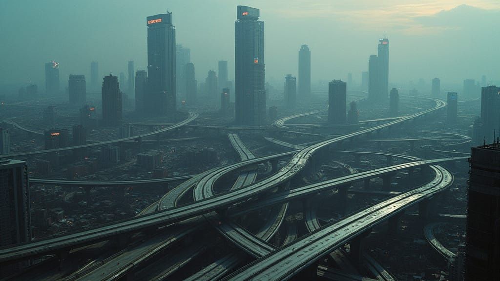 Dystopian Metropolis in Cyberpunk Aesthetic