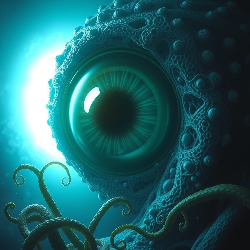 Ethereal Sea Creature's Glowing Eye in the Ocean's Dark Dept...
