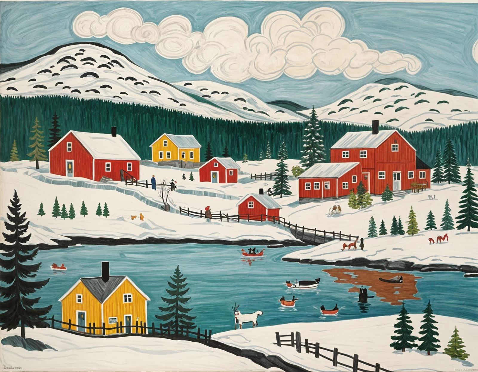 Whimsical Maritime Landscape in Folk Art Style
