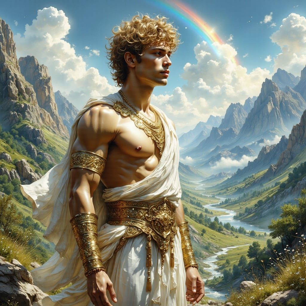 Handsome Greek Man in Lush Valley with Rainbow