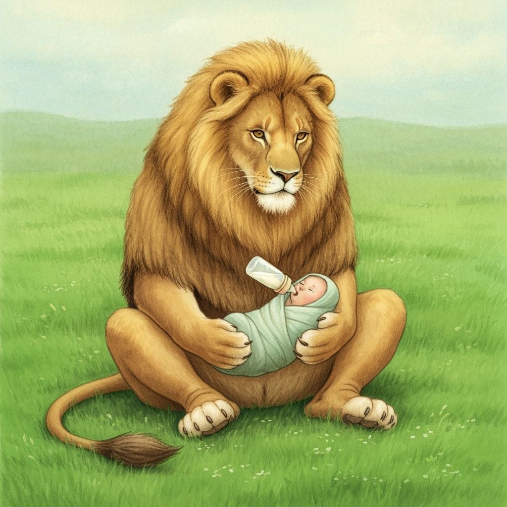 Lion Feeds Baby: Whimsical Watercolor Illustration