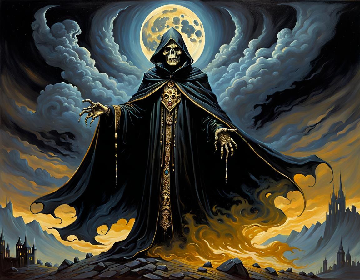 a celestial ghoul like being wearing a black and golden cloa...