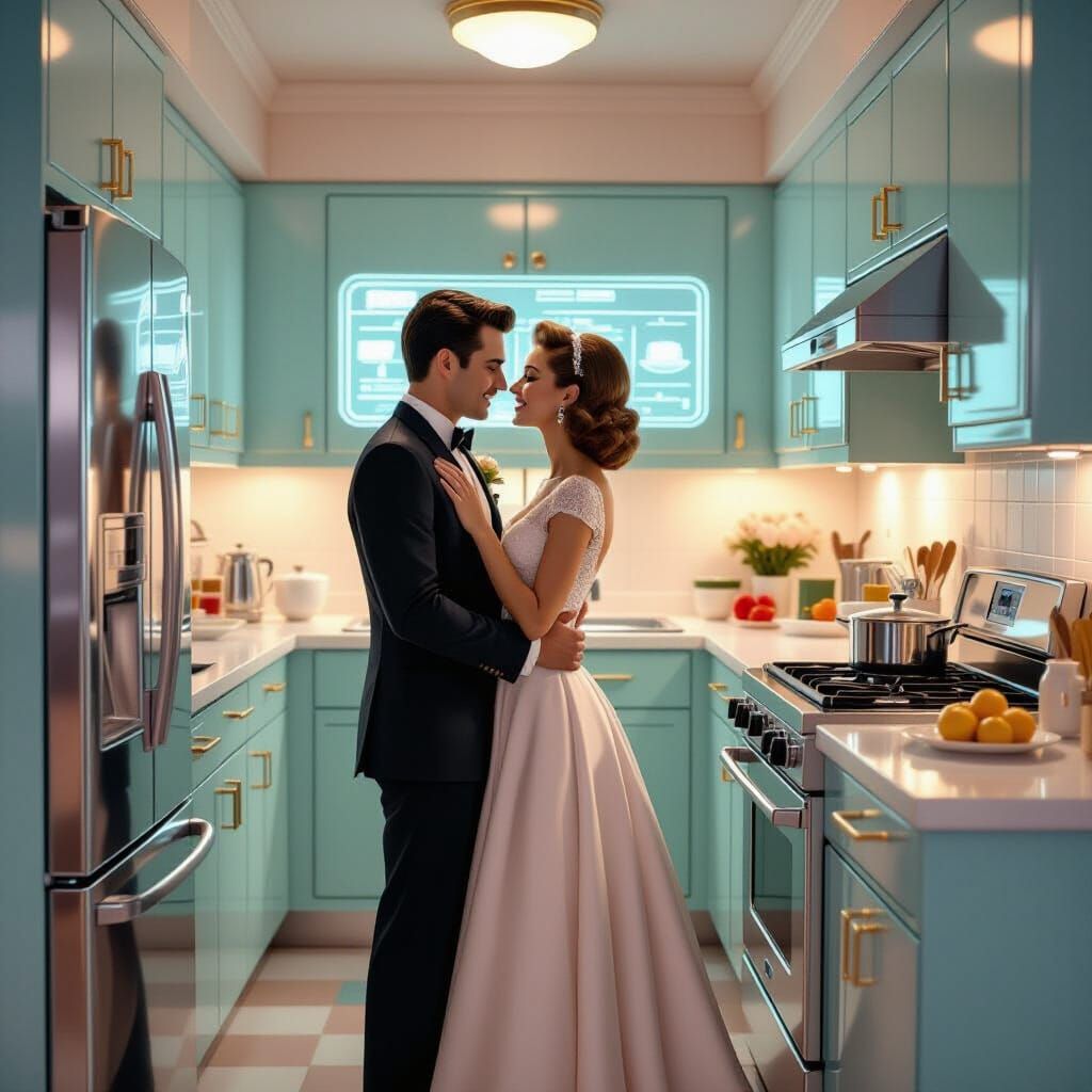 1950s Couple in Retro-Futuristic Kitchen