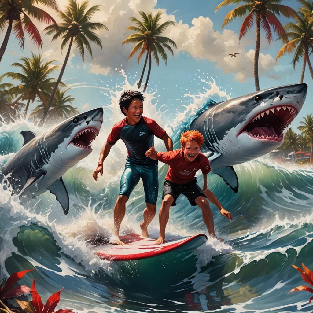 Boys Surfing Shark: Hyperrealistic Splash Art