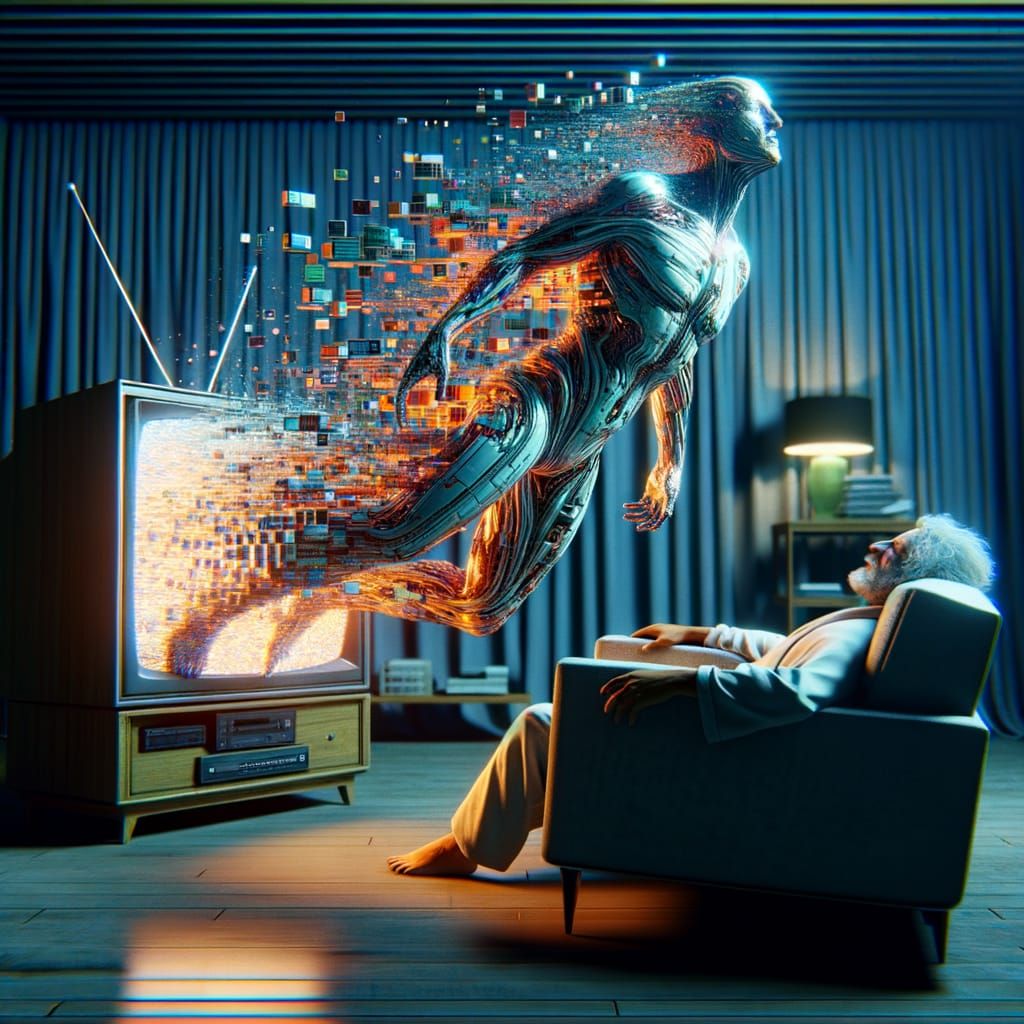 Glitched Humanoid Figure Emerges From Television