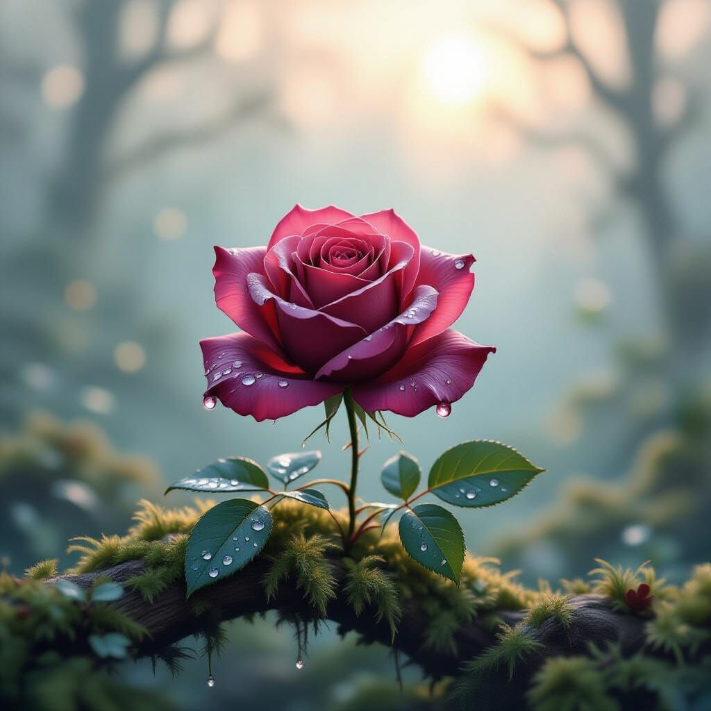 Ethereal Dark Red Rose of Spider Silk with Dew Drops