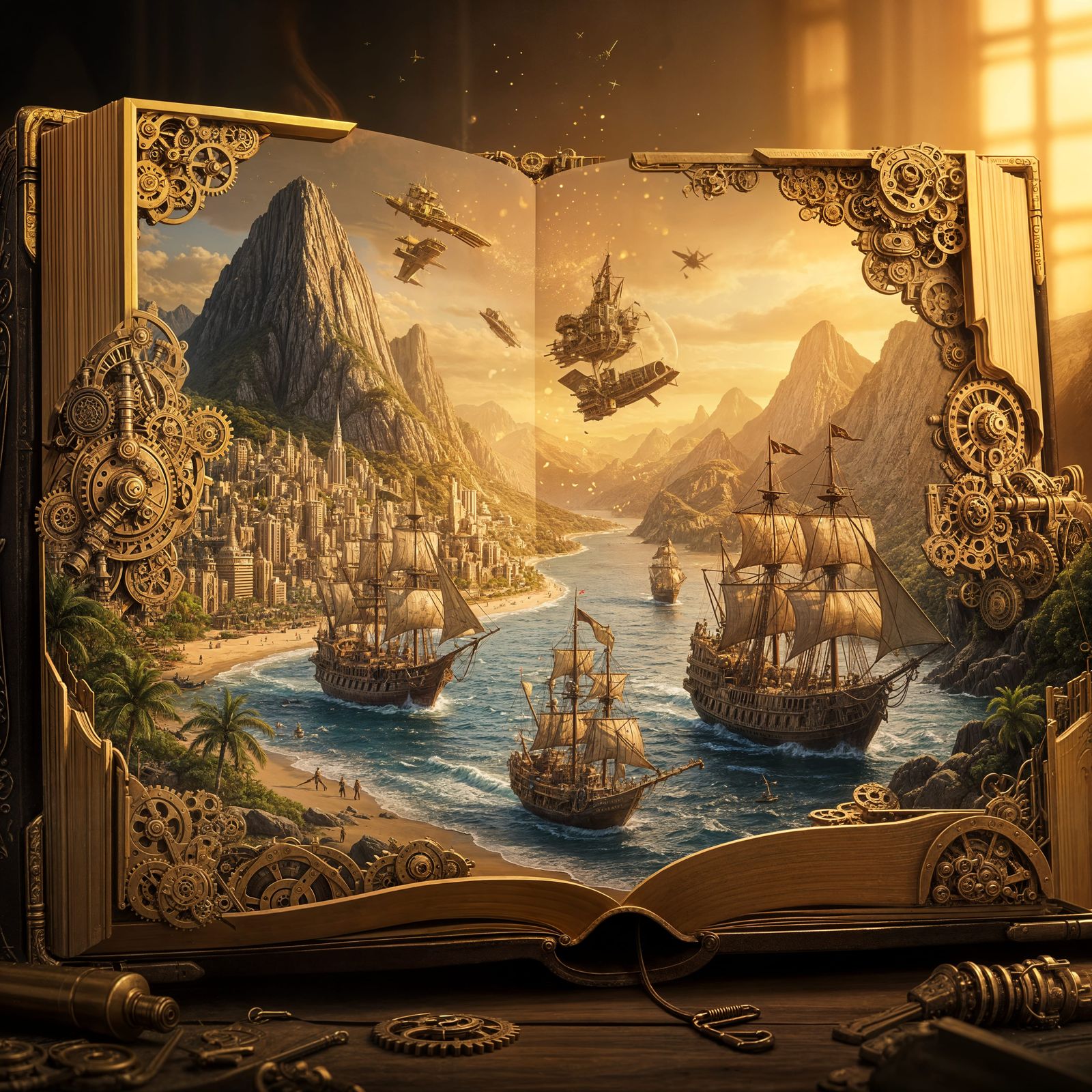 Steampunk Pirate Ships Emerge from a Golden Book