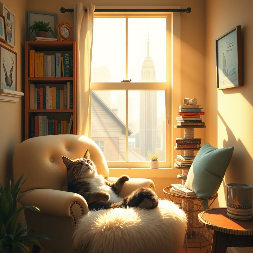 Cozy Feline Reading Nook in Warm Impressionist Style