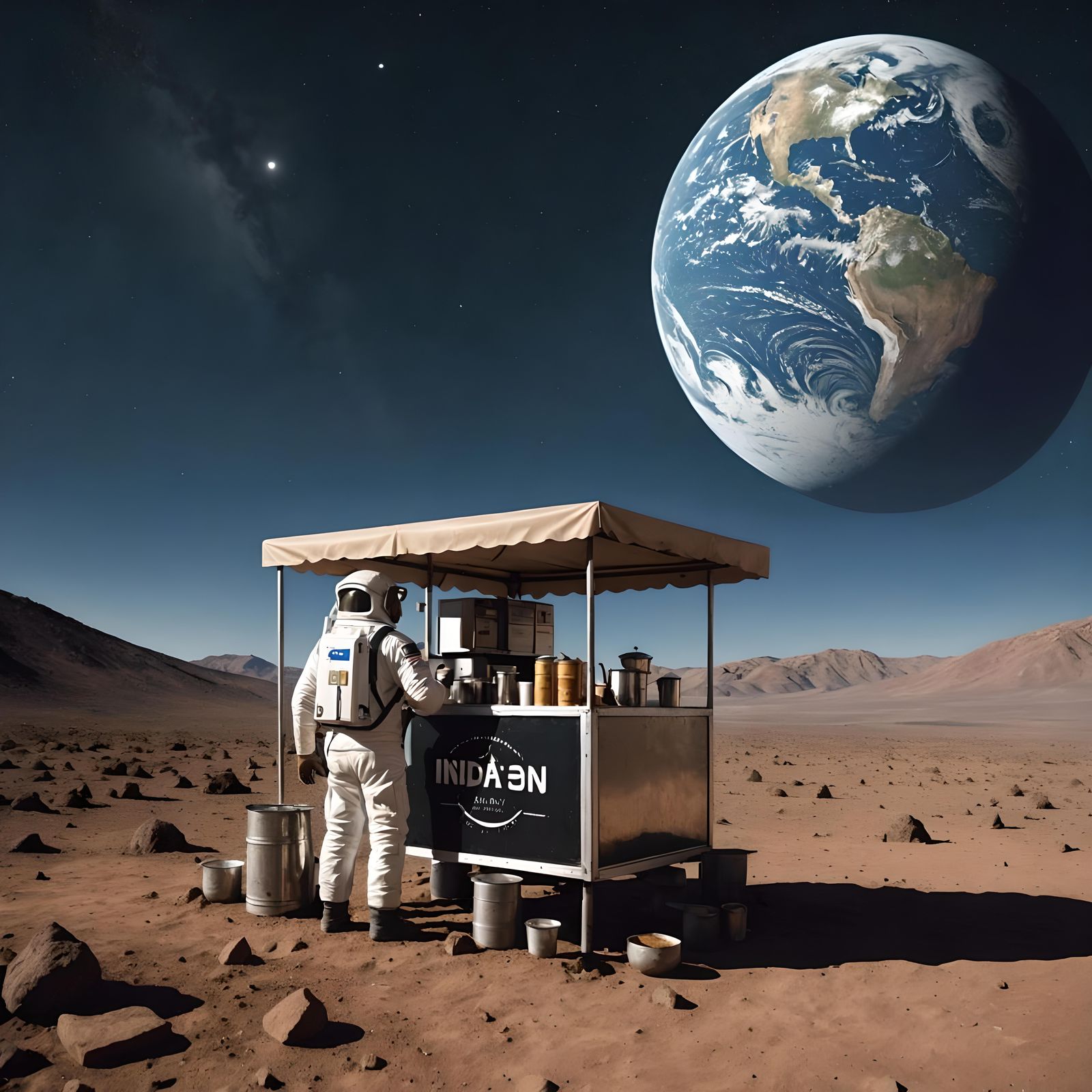 Chai Stall on the Moon with Earth View